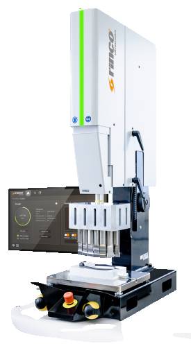 配有 Safeball 操纵杆的 Electrical Motion2-20 超声波焊接机，专门用于加工塑料产品